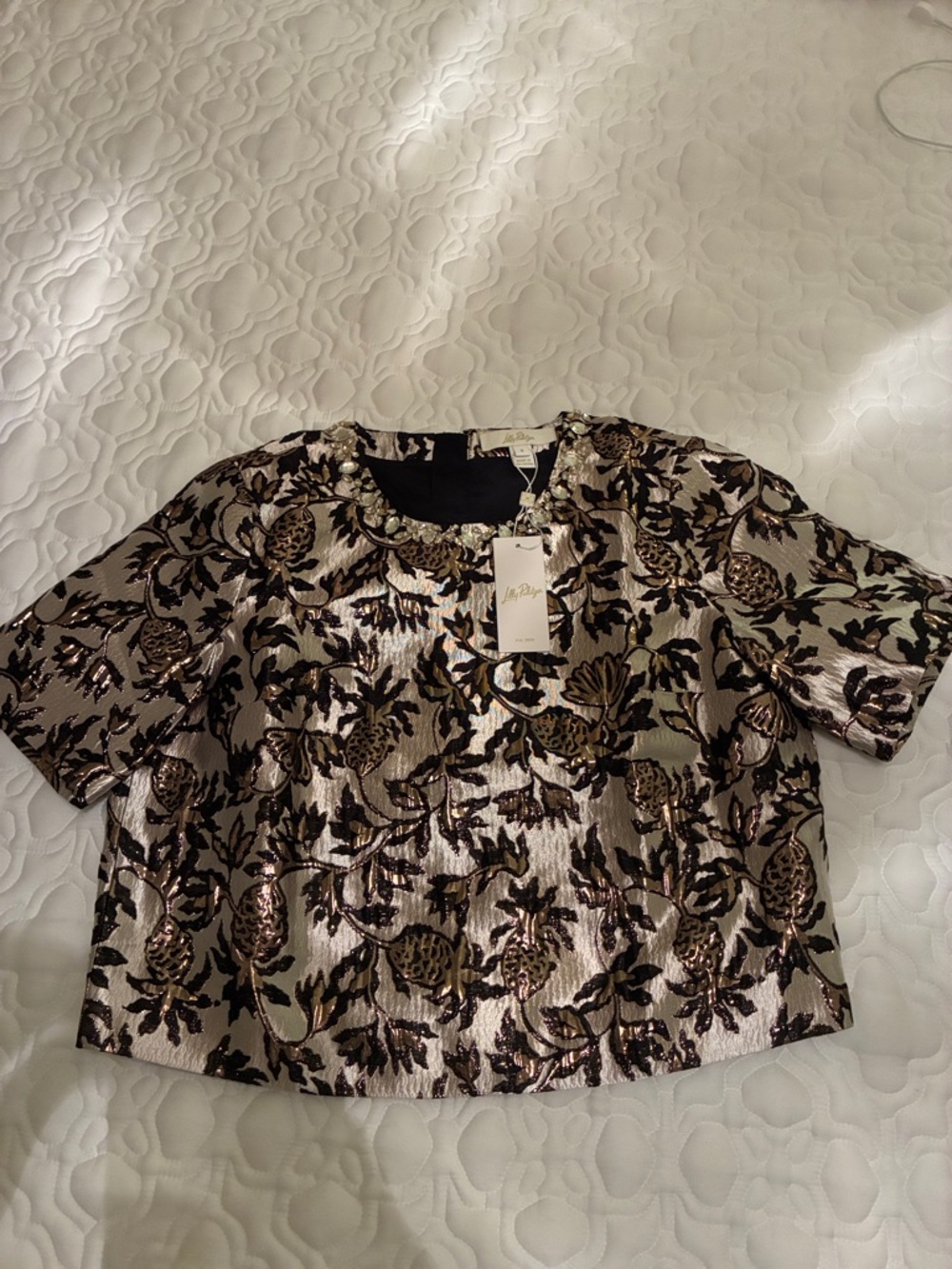 Lilly Pulitzer Metallic Gold and Black Floral Brocade Short Sleeve Top